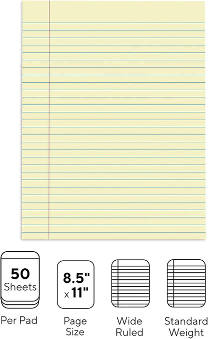 STAPLES Glue‑Top Notepad, 8.5” x 11”, Wide Ruled, Canary, 12‑Pack
