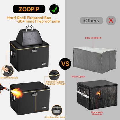 Fireproof Document Box,5200°F File Organizer Box with Lock,Foldable Filing Organizer Cabinet, Portable Safe Storage for Hanging Letter/Legal Folder,Black