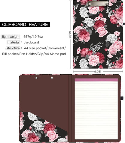 Hongri Clipboard Folio with Refillable Lined Notepad and Interior Storage Pocket for Students, Classroom, Office, Women, Man, Cute Custom Pattern, Size 12.8 x 9.2 in, Classic Flower