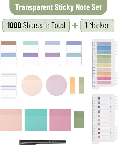 Mr. Pen- Transparent Sticky Notes Set, 1000 Sheets, Transparent Sticky Notes Tabs with Marker Pen for Bible Study, Office, School, Planning, Journaling & Organization
