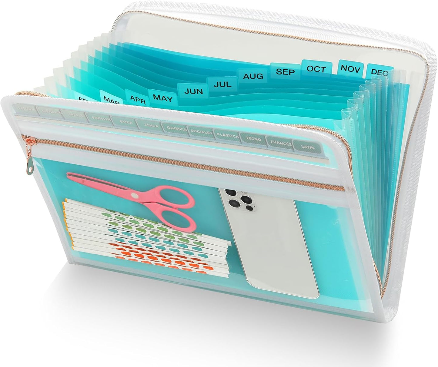 H4D 13 Pocket Expanding File Folder Organizer with Front Clear Pounch, Accordion File Organizer with Zipper Clourse, Fit for Letter Size Papers, Pink