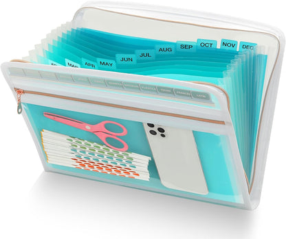 H4D 13 Pocket Expanding File Folder Organizer with Front Clear Pounch, Accordion File Organizer with Zipper Clourse, Fit for Letter Size Papers, Pink