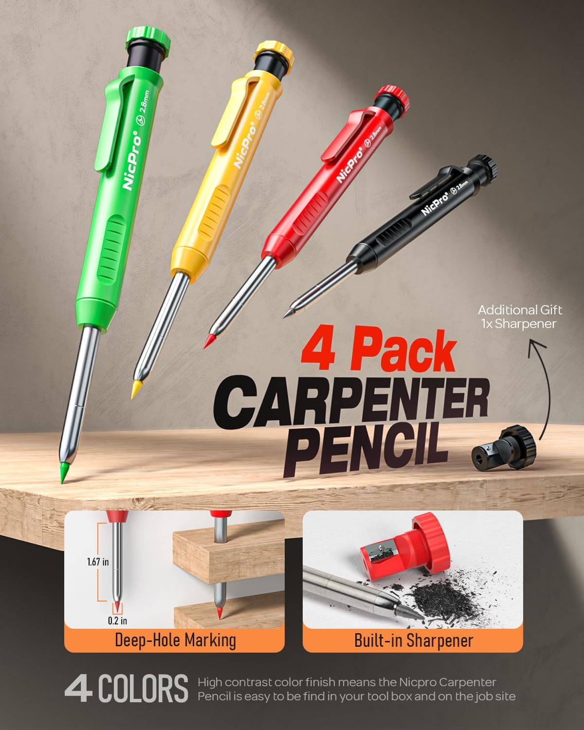 Nicpro Carpenter Pencil with Sharpener, Mechanical Pencils Set with 26 Refills, Deep Hole Marker for Construction, Heavy Duty Woodworking Tools for Architect (Black, Red) - With Case