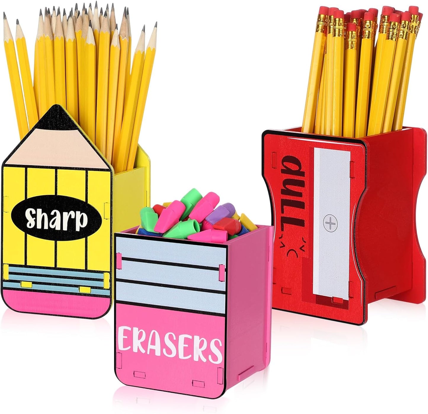 AmazingSpark 3 Pcs Pencil Shaped Holder Sharp and Eraser and Dull Holder Wooden Dispenser Pencil Storage Organizer for Back to School Management Organization (Classic)