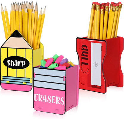 AmazingSpark 3 Pcs Pencil Shaped Holder Sharp and Eraser and Dull Holder Wooden Dispenser Pencil Storage Organizer for Back to School Management Organization (Classic)
