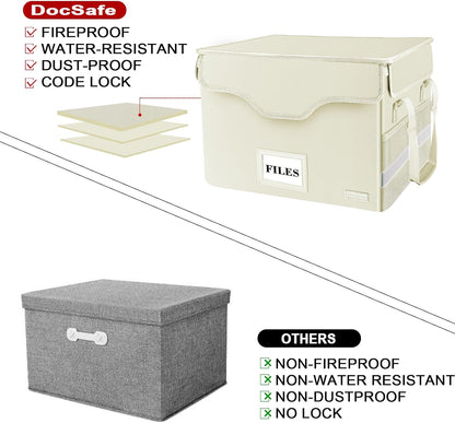 DocSafe Fireproof Document Box with Lock, File Storage Organizer with Mesh Pockets, Collapsible Portable File Box Home Office Safe Filing Cabinet with Handle for Hanging Letter/Legal Folder, Black