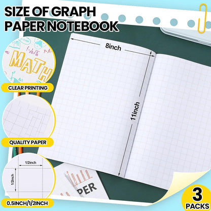 Ctosree 3 Pcs Graph Paper for Kids 1/2 Inch Squares Math Graph Paper Composition Notebook 8.5 x 11 Inches Quad Ruled Grid Notebook for Kids School Supplies