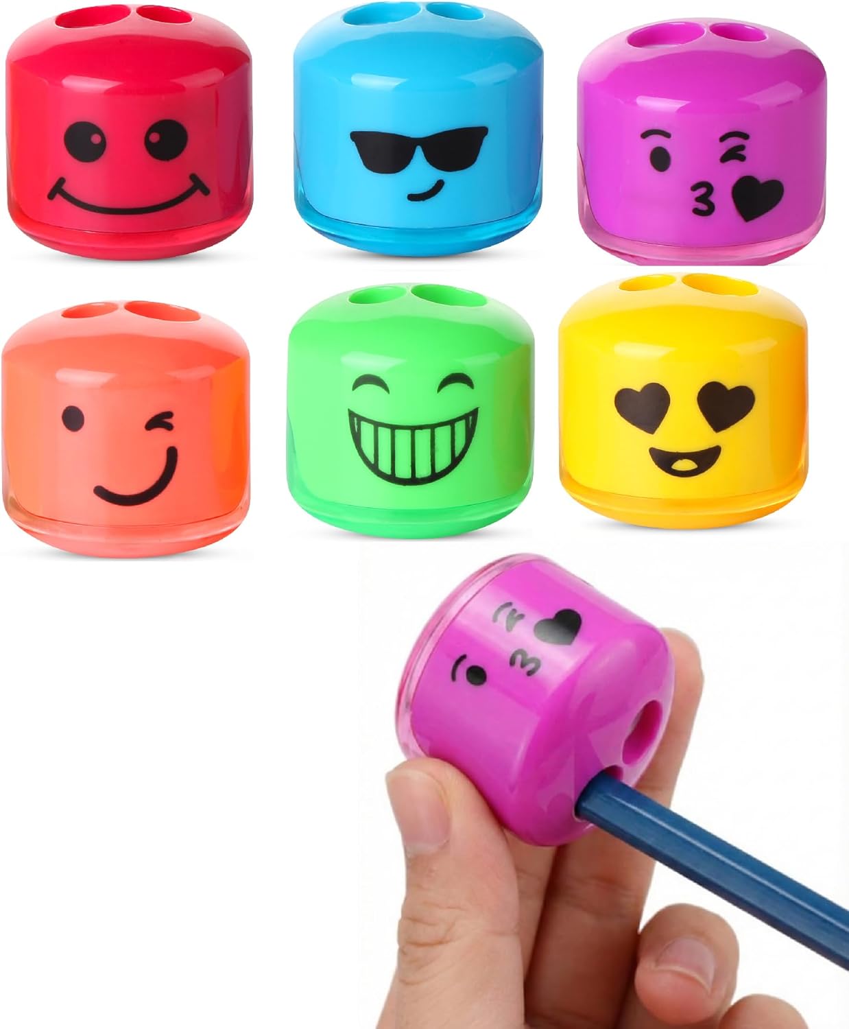 Mr. Pen- Pencil Sharpeners Manual, 48 Pack, Dual Hole, Smiley, Bulk Handheld Pencil Sharpener, Compatible with Standard and Jumbo Pencils, Snap-on Lid, Stainless Steel Blade, Back to School Supplies