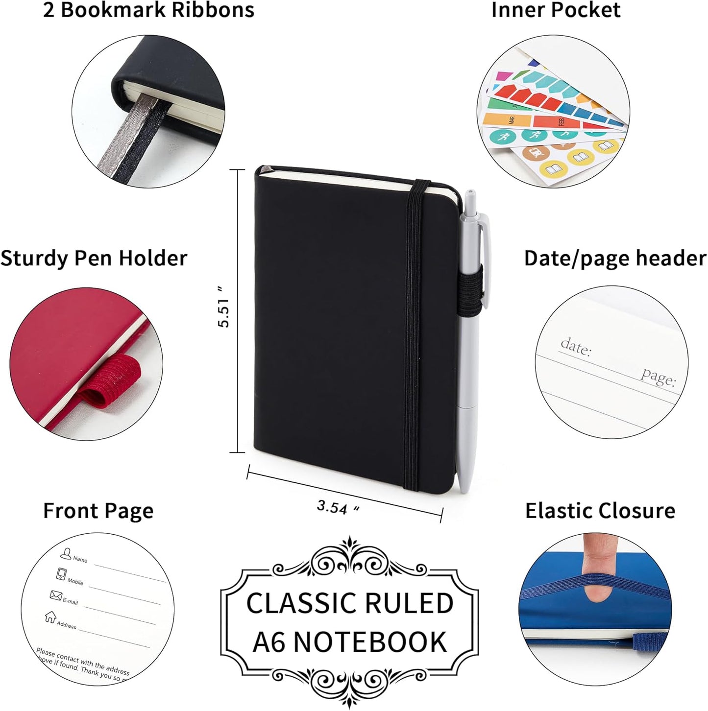 feela 3 Pack Pocket Notebook Journals with 3 Black Pens, A6 Mini Cute Small Journal Notebook Bulk Hardcover College Ruled Notepad with Pen Holder for Office School Supplies, 3.5”x 5.5”, Gray