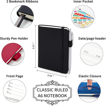 feela 3 Pack Pocket Notebook Journals with 3 Black Pens, A6 Mini Cute Small Journal Notebook Bulk Hardcover College Ruled Notepad with Pen Holder for Office School Supplies, 3.5”x 5.5”, Gray