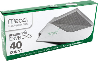 Mead #10 Envelopes, Letter Size, 4-1/8" x 9-1/2", Security Printed Lining for Privacy, Gummed Closure, Windowless, White All-Purpose for Home & Office Mail, 40 Count (75214)