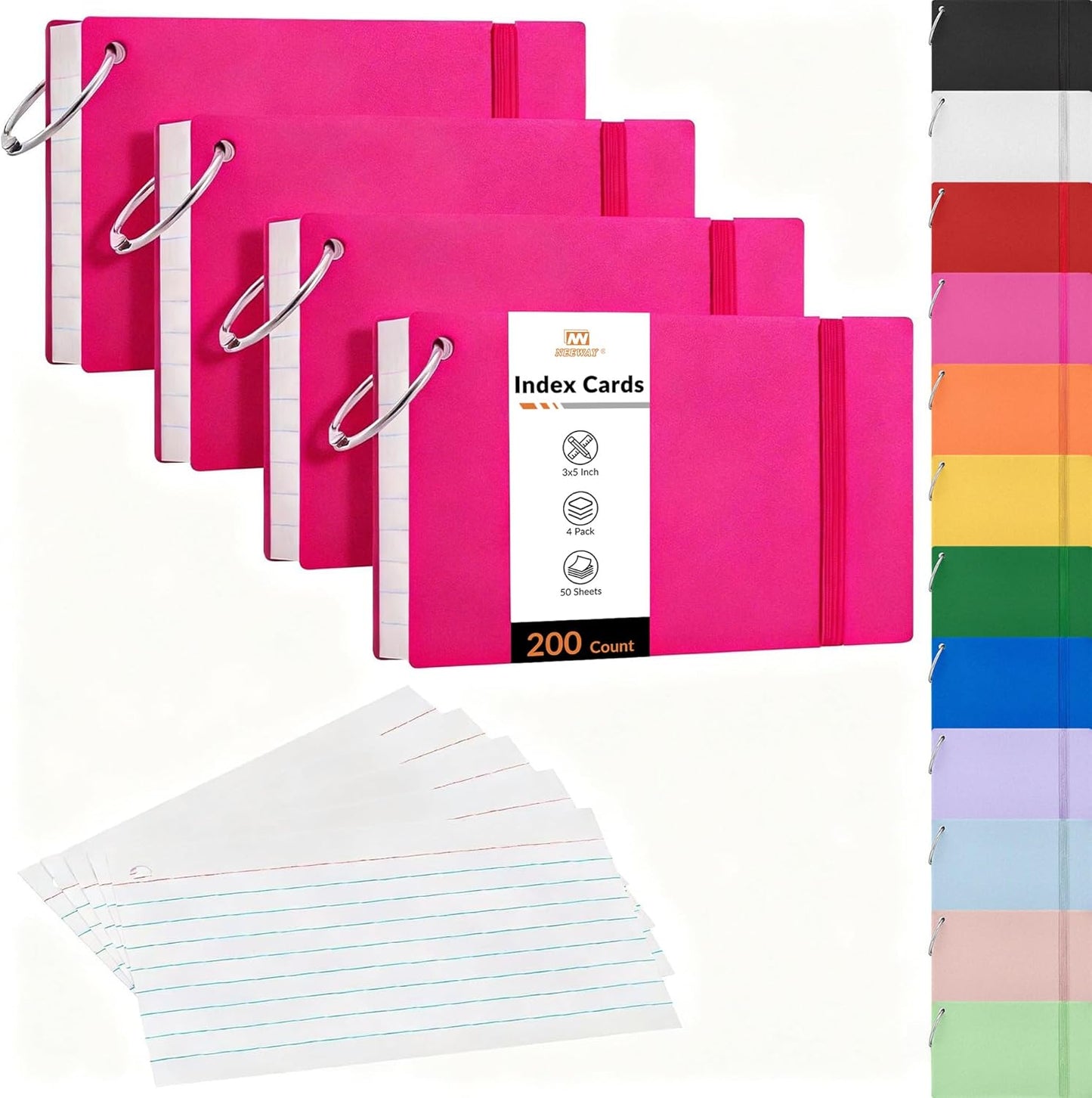 NEEWAY Ruled Index Cards with Ring 3x5 Inches, 200 Count Note Cards Lined, Flash Cards with Rings for Studying, Home and Office (Black)