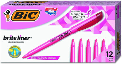 BIC Brite Liner Highlighter, Chisel Tip, Pink, 24-Count
