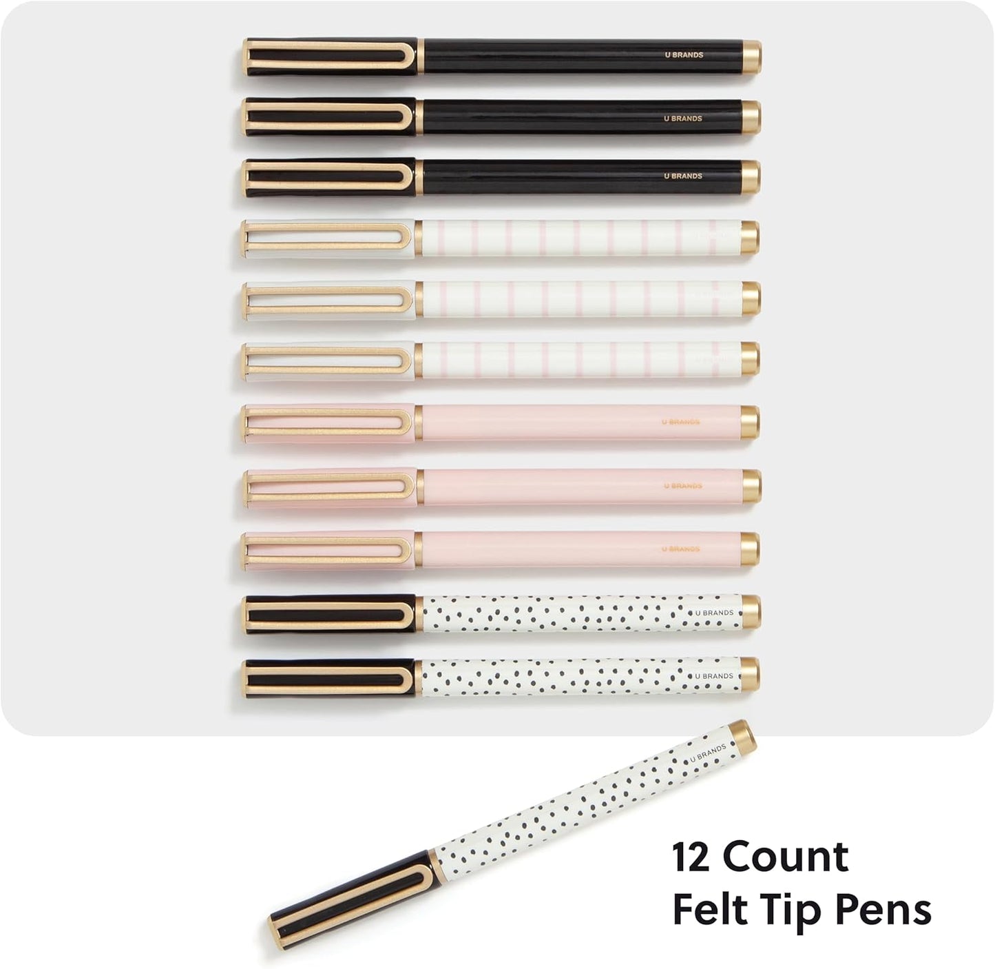 U Brands Catalina Felt Tip Pens, Set of 12, Stripes and Dots with Gold Details, Medium (0.7 mm) Point, Black Ink