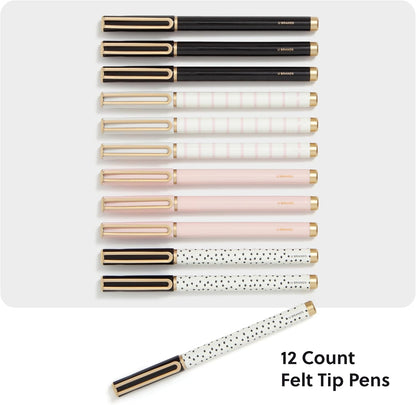 U Brands Catalina Felt Tip Pens, Set of 12, Stripes and Dots with Gold Details, Medium (0.7 mm) Point, Black Ink
