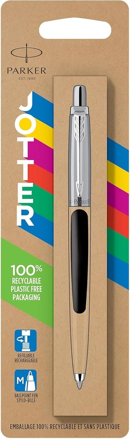 Parker Jotter Originals Ballpoint Pen, Classic Black Finish, Medium Point, Blue Ink, 1 Count - Signature Retractable Design