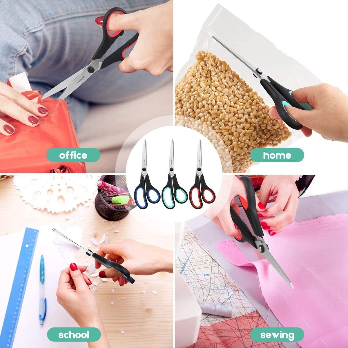 Scissors, iBayam 8" All Purpose Scissors Bulk 3-Pack, Ultra Sharp 2.5mm Thick Blade Shears Comfort-Grip for Aesthetic Fun Cute School Office Teacher Desk Crafts and Art Supplies Accessories Essential