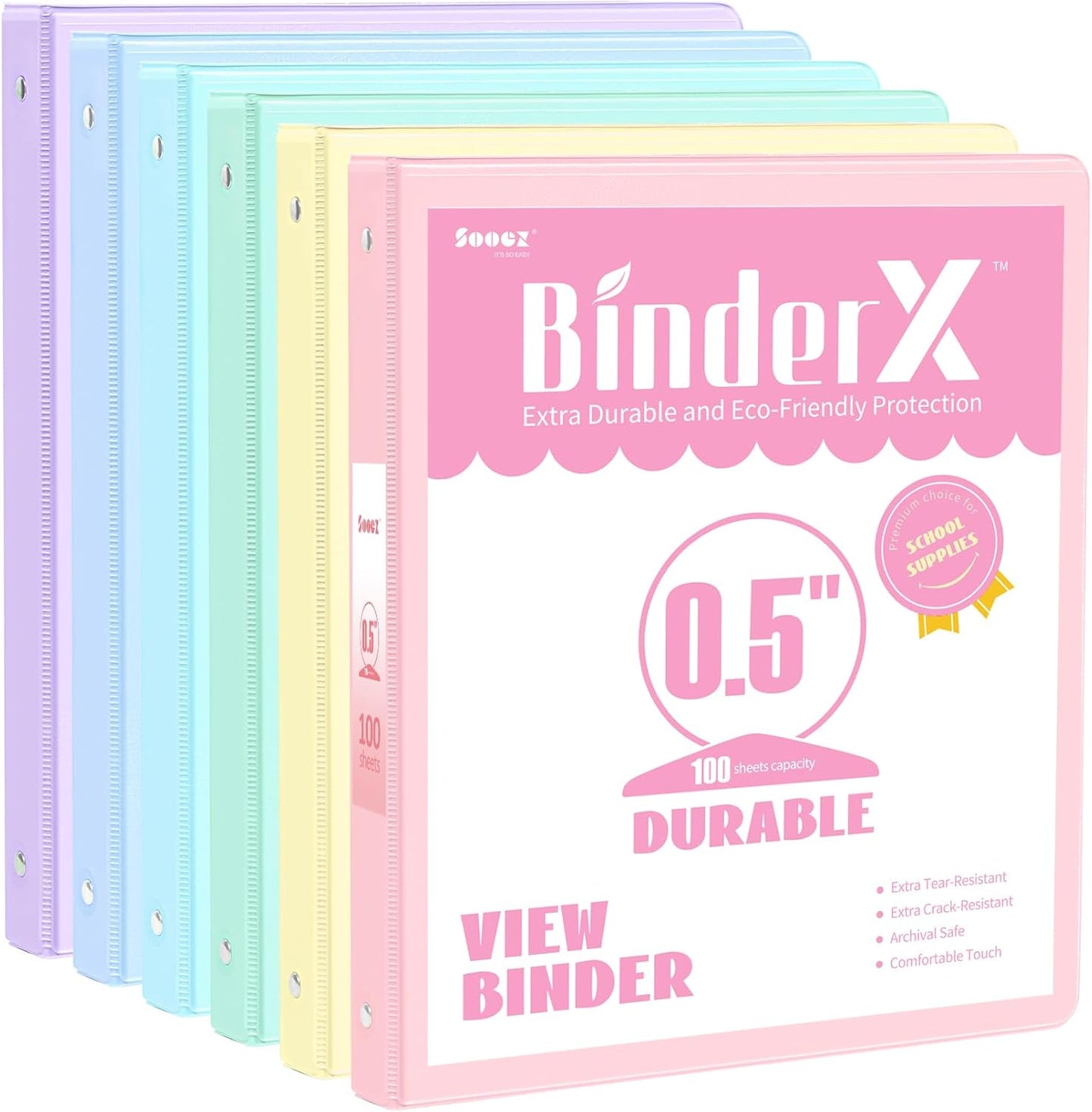 6 Pack Extra Durable 3 Ring Binders 1 inch, Sooez 1” Three Round Ring Binders with Pockets, Cute Customizable Clear View Cover for 8.5 x 11 Letter Size Papers, Pastels School Office Supplies for Girl
