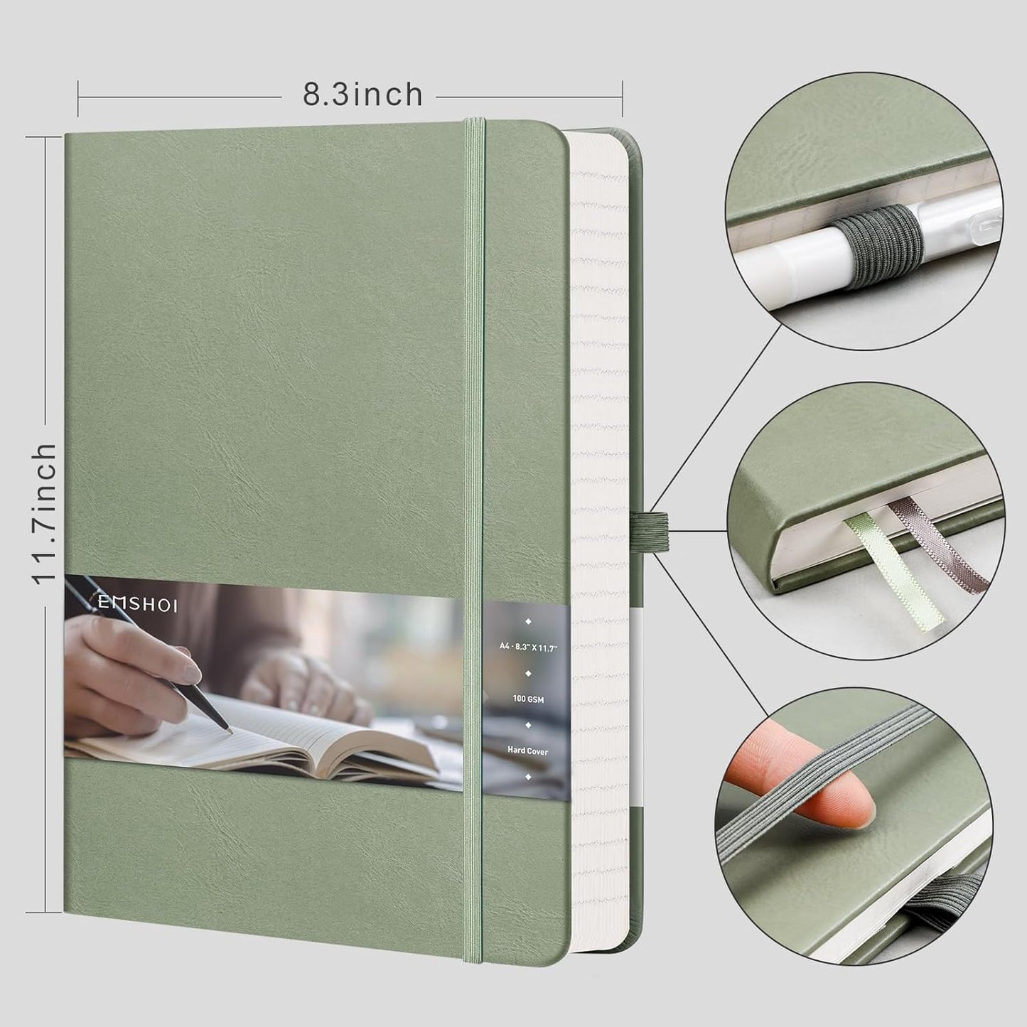 EMSHOI A4 College Ruled Notebook, Large 8.3" x 11.7", 192 Pages 100GSM Ink-Proof Faux Leather Hardcover Lay-Flat Lined Journal for Office School Work Writing, Black
