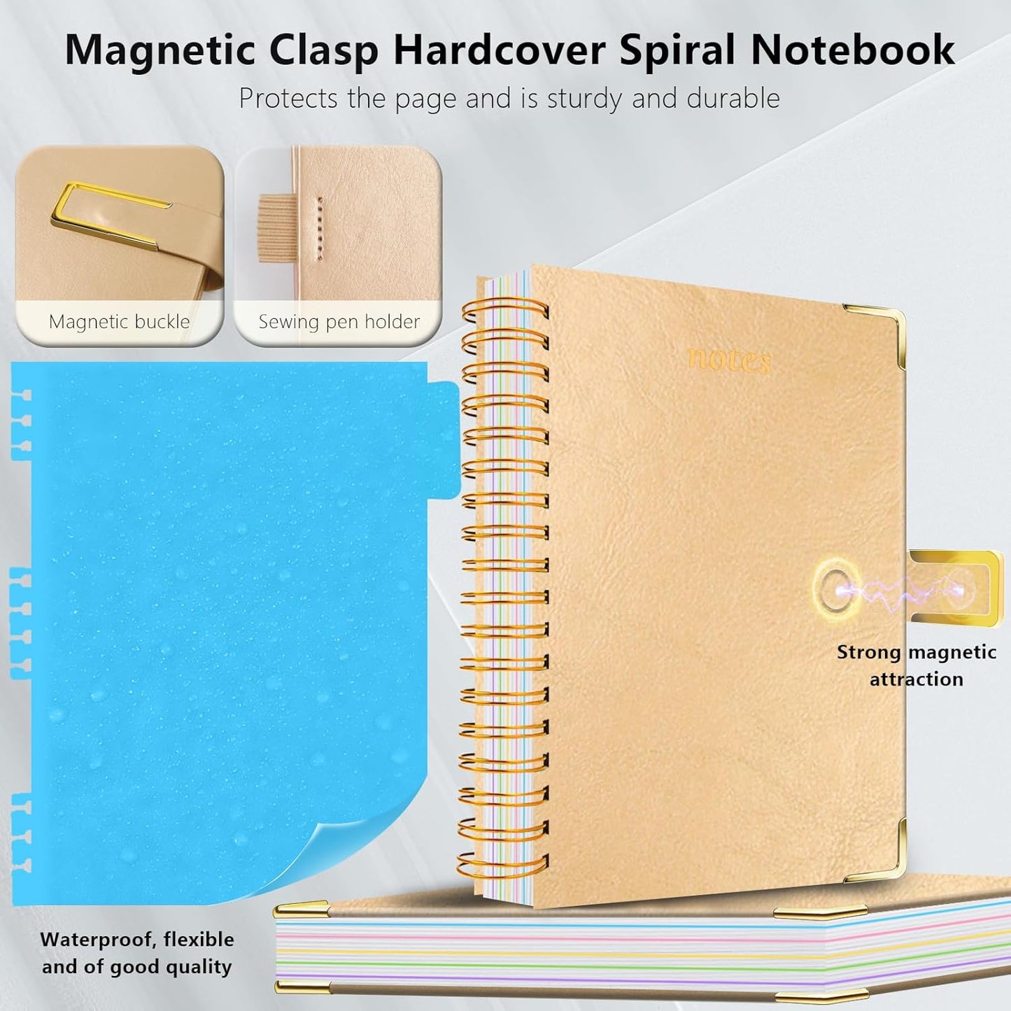 Hardcover Spiral Notebook College Ruled, 8"x10" Leather Journal Notebook with Magnetic Closure, 300 Pages 5 Subject Notebook with Dividers Tabs Journal for Women Men, Work, School(Rose Red)