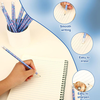 20pcs Cartoon Blue Pencils with Floral & Leaf Prints, Hawaiian Themed Wooden Pencils with Eraser Hawaii Themed Party Supplies for Classroom School Office
