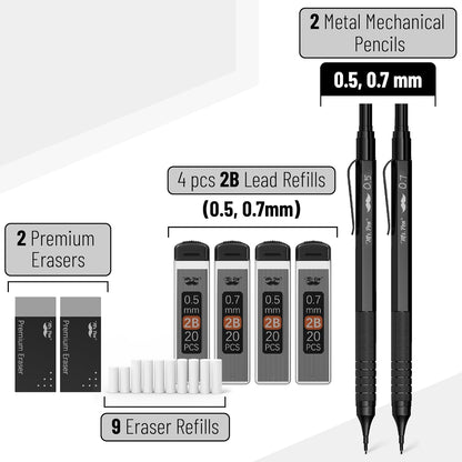 Mr. Pen- Metal Mechanical Pencil Set with Lead Refills & Erasers, 2 Pack, 2 Sizes, 0.5 & 0.7mm, 4x Tubes 2B Lead Refill, 2x Erasers for School Supplies, Note Taking, Drawing, Sketching, Office
