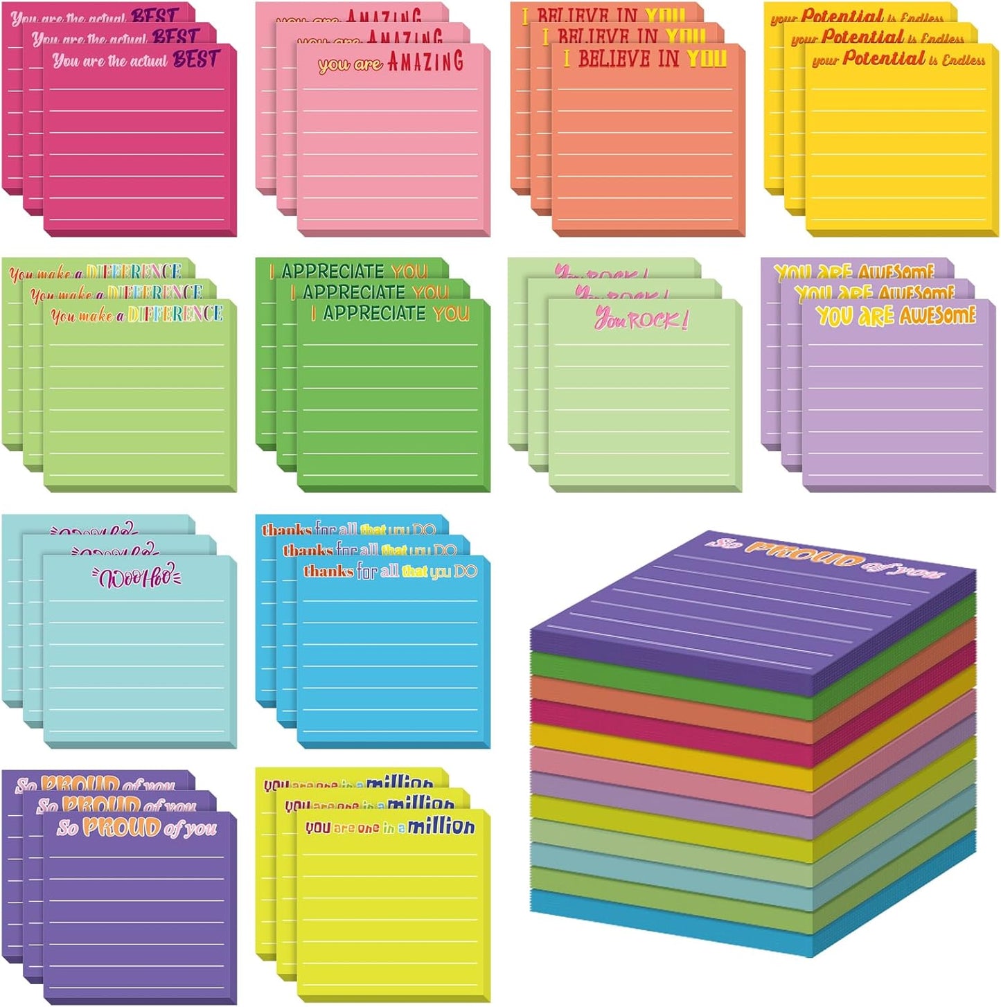 Yinder 48 Pcs Inspirational Sticky Notes Cute Motivational Sticky Notes Pad End of Year Employee Appreciation Gifts Bulk for Teacher Nurse Coworkers Office Supplies 3 x 3'' (Thank You,Dark Color)