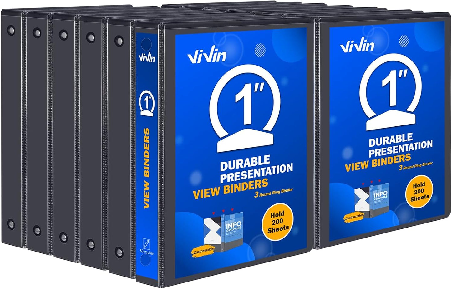 3 Ring Binder 1-1/2 Inch, ViVin Sturdy 1.5"-Round Ring Binder with 2 Interior Pockets, Clear View Cover, PVC-Free, Fits 300 Sheets of 8.5'' x 11'' Paper, Office Home School (6 Pack, White)