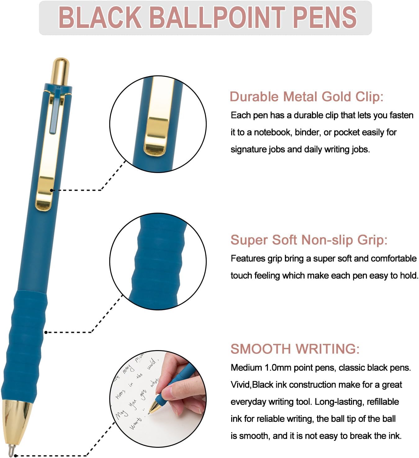 Linbsunne Ballpoint Pens Black Medium Point 1mm Pen with Super Soft Grip Ball Point Pen for Men Women Retractable Pens (gold-12 pcs)