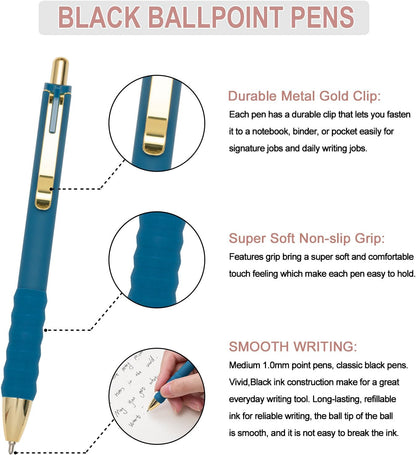 Linbsunne Ballpoint Pens Black Medium Point 1mm Pen with Super Soft Grip Ball Point Pen for Men Women Retractable Pens (gold-12 pcs)