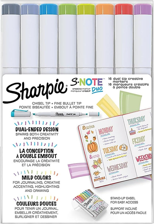 Sharpie S-Note Duo Dual-Ended Creative Markers, Highlighters, Assorted Colors, Fine and Chisel Tips, Includes Stand-Up Easel, 16 Count