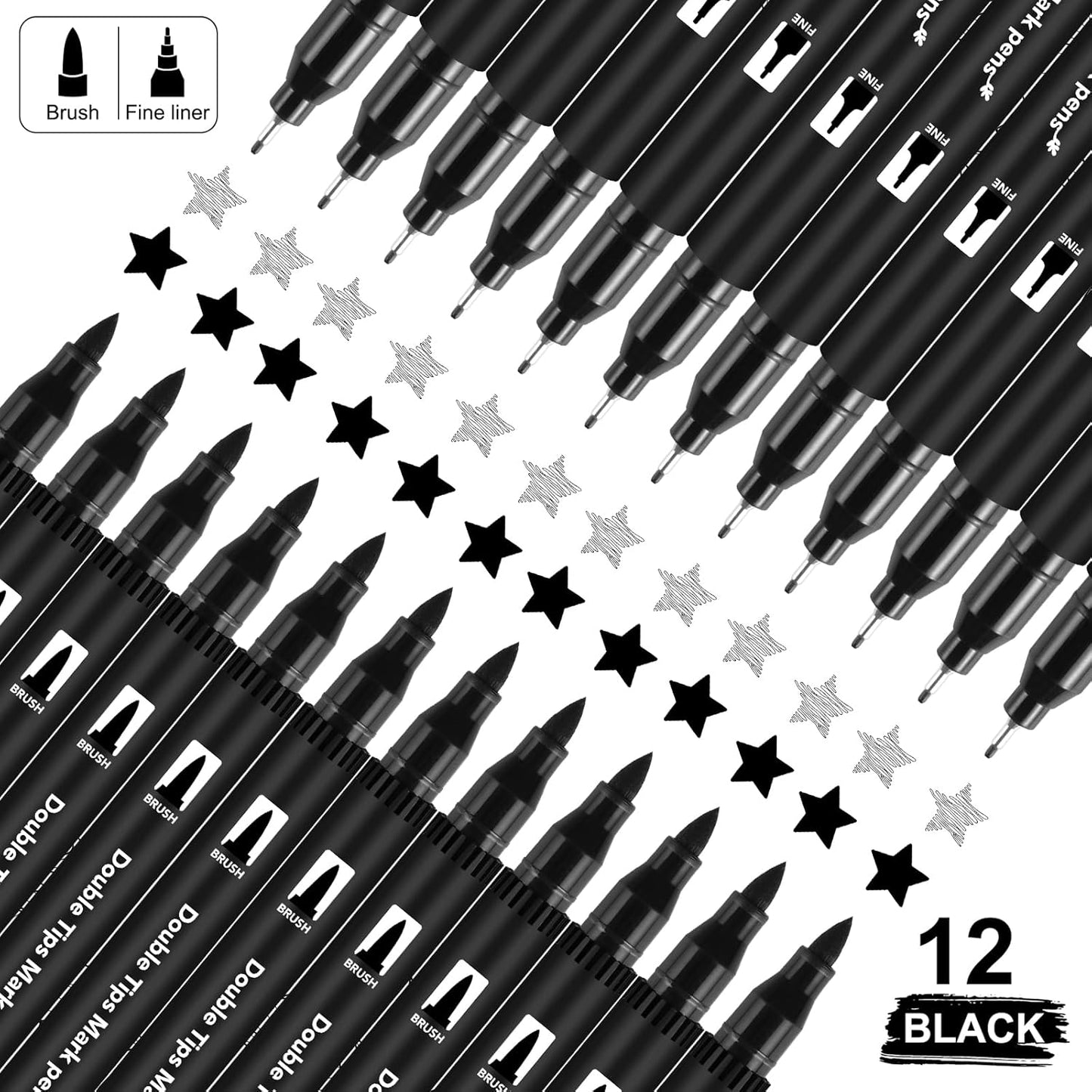 Thboxes 12 Pack Black Drawing Pens, Dual Tip Brush Fineliners Pens Washable Brush Tip Markers for Adults Art Drawing Sketching Journaling Calligraphy