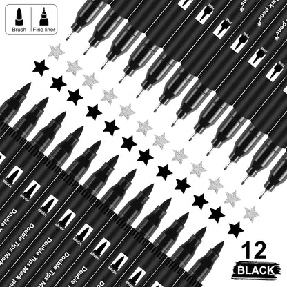 Thboxes 12 Pack Black Drawing Pens, Dual Tip Brush Fineliners Pens Washable Brush Tip Markers for Adults Art Drawing Sketching Journaling Calligraphy