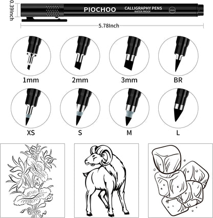 Piochoo Calligraphy Pens,8 Size Calligraphy Pens for Writing,Brush Pens Calligraphy Set for Beginners, Hand Lettering Pens