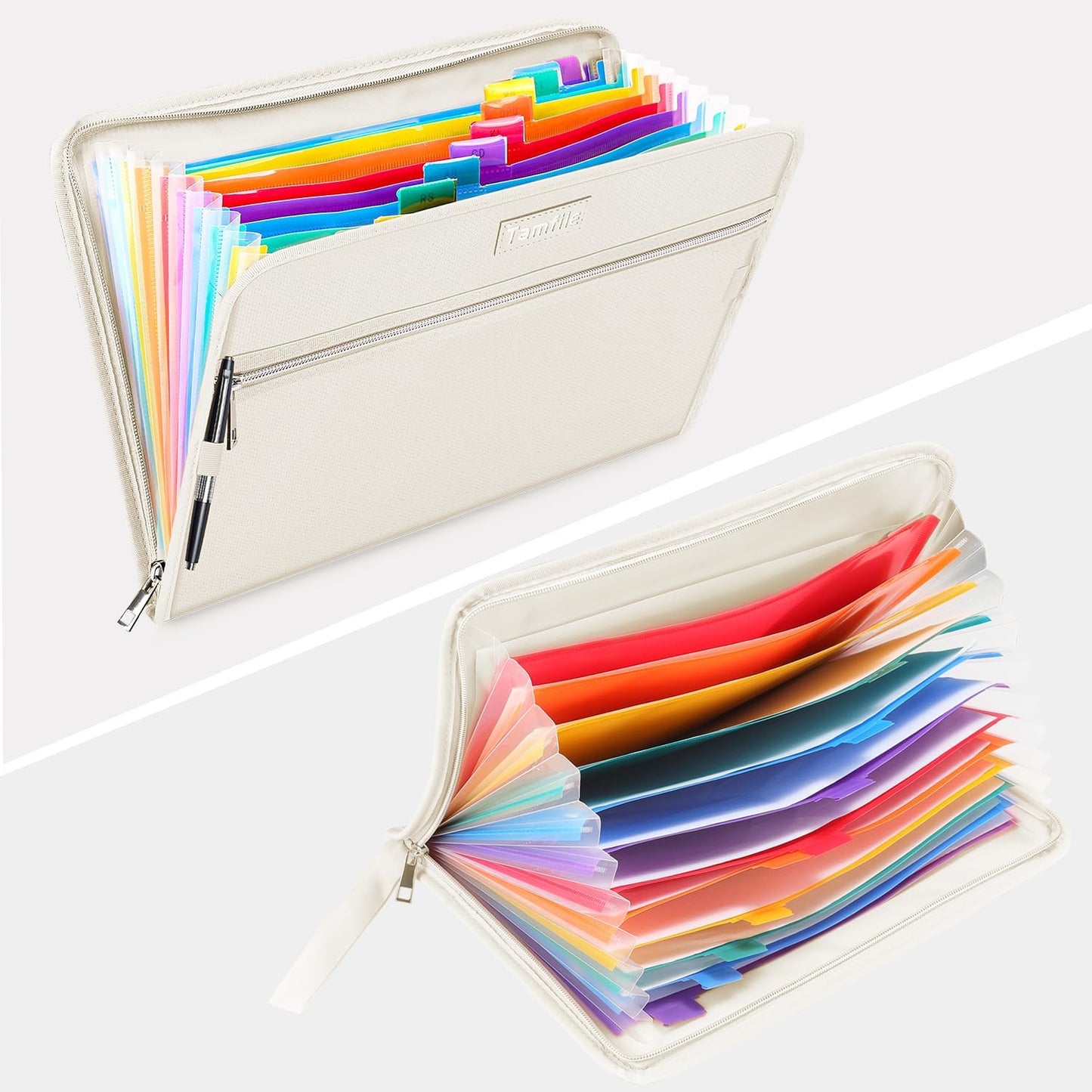 Tamfile Fireproof Accordion File Organizer with Handle, 13 Pocket Transparent Expanding File Folder with Zipper & Labels, File Folder with Multi-Pockets Paper Organizer Folder for Letter A4 Files