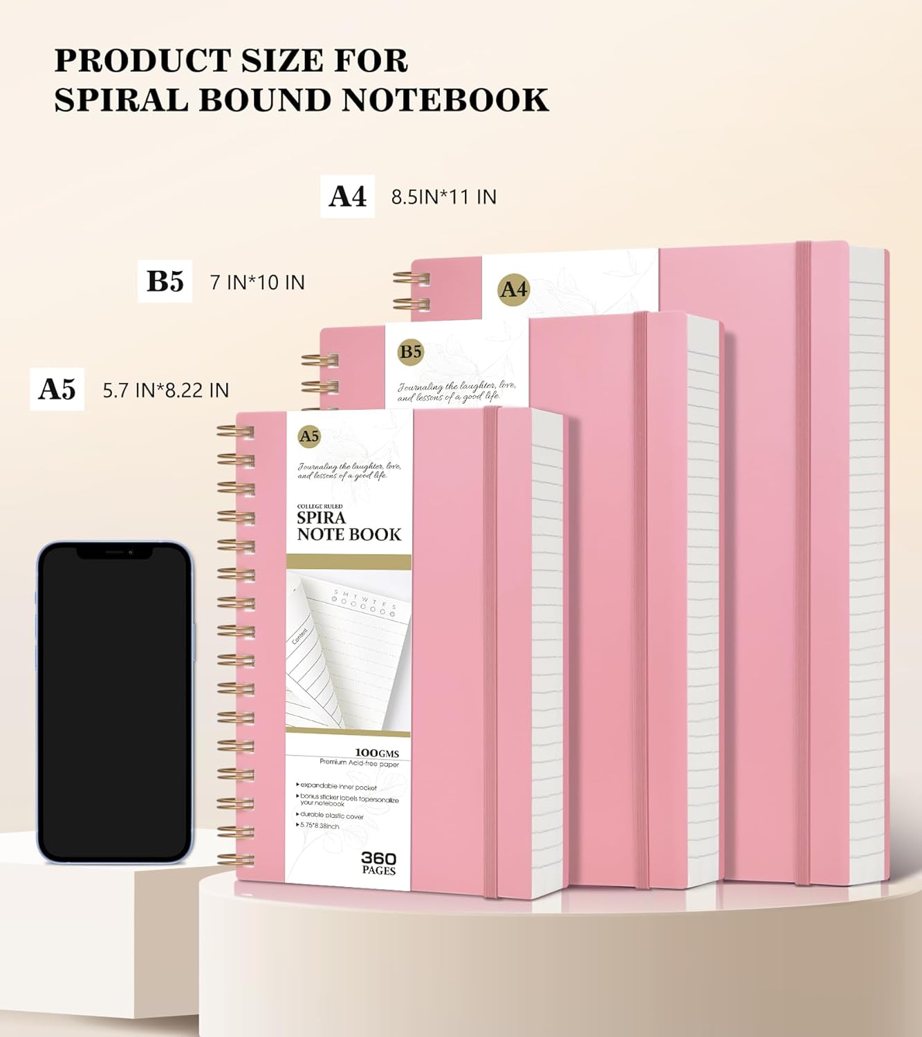 MUAHLIUB Spiral Notebook Journal College Ruled, 360 Pages Lined Thick Journals for Women Men, B5 Big Notebooks with 100GSM Paper, Spiral Bound Journaling for Writing Work School Black 7.6"×10"