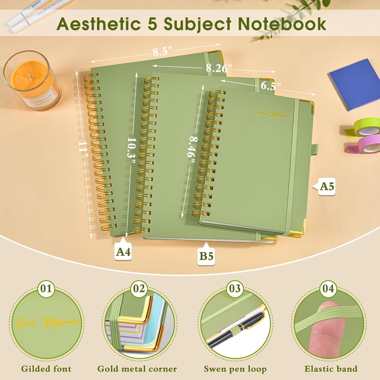 Hardcover Large Spiral Notebook 8.5" x 11" with Removable Dividers Tabs, 300 pages Leather 5 Subject Notebook College Ruled, A4 Journal for Women Men, Notebooks for Work School Note taking,Black