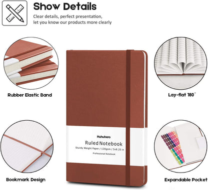 Huhuhero 5 Pack Lined Journal Notebooks, Hardcover Notebook for Work School Office, 5"×8.25", 120Gsm Thick Ruled Writing Journals for Note Taking Business, Black