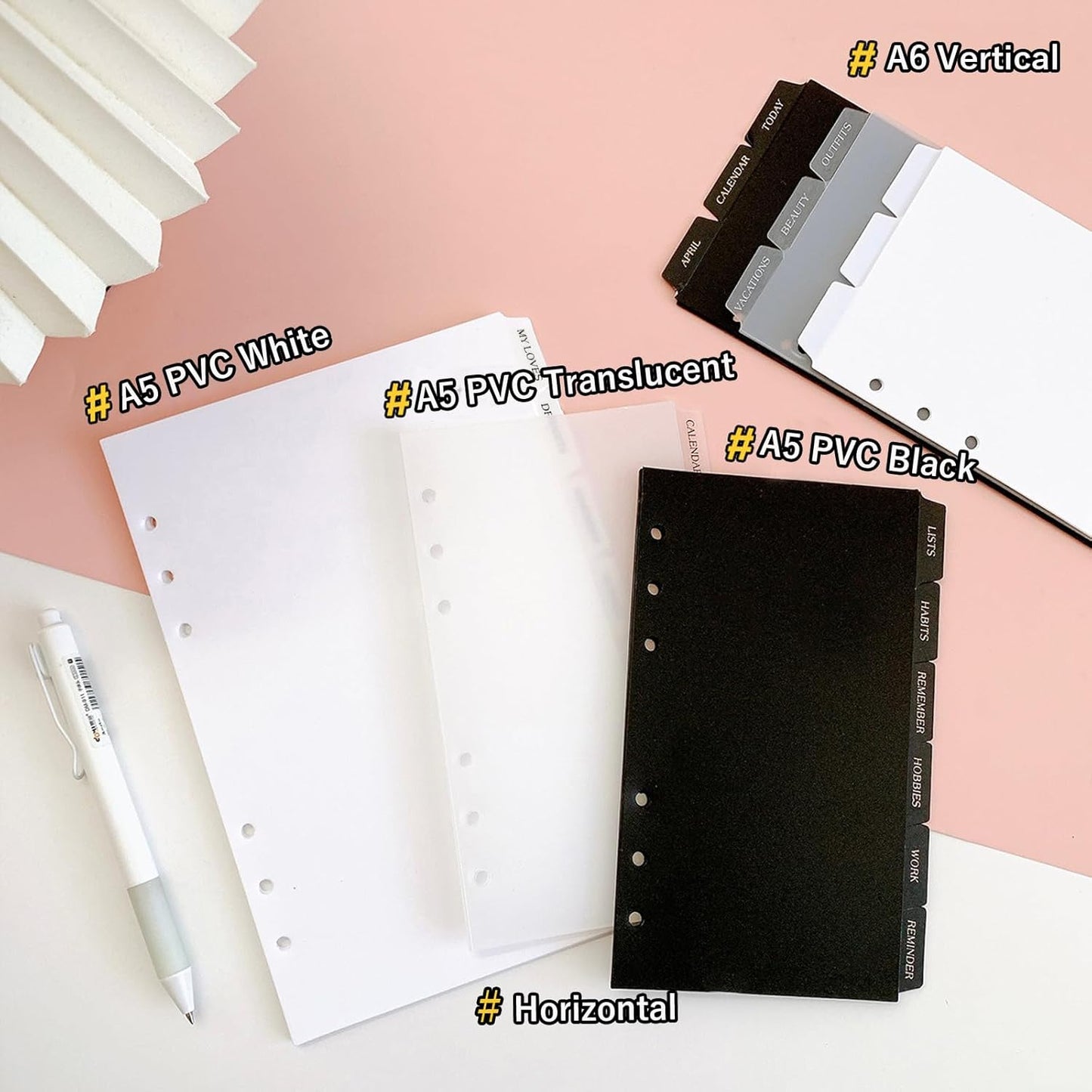 DY.2ten Black Binder Dividers for 6-Holes Ring Binder, 1/7 Cut Tabs, A5 Size, Sturdy Plastic Dividers with 7 Tabs for School Office Home, 2 Sets, 14 Dividers, 2 Tab Stickers.