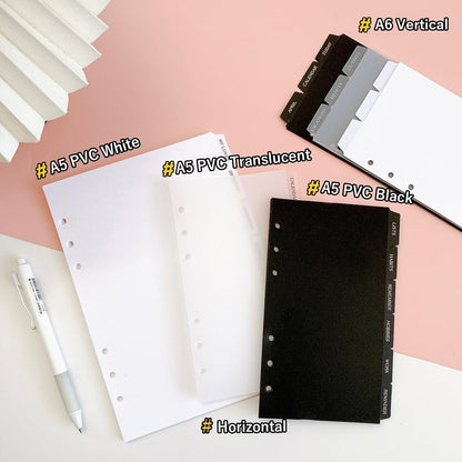 DY.2ten Black Binder Dividers for 6-Holes Ring Binder, 1/7 Cut Tabs, A5 Size, Sturdy Plastic Dividers with 7 Tabs for School Office Home, 2 Sets, 14 Dividers, 2 Tab Stickers.