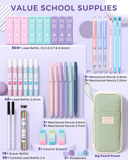 Four Candies 42PCS Aesthetic School Supplies, Mechanical Pencil Set 0.5mm, 0.7mm, 0.9mm, 2.0mm with 696 Lead Refills, Pastel Mechanical Pencils for Writing, Drawing & Drafting (Cream)