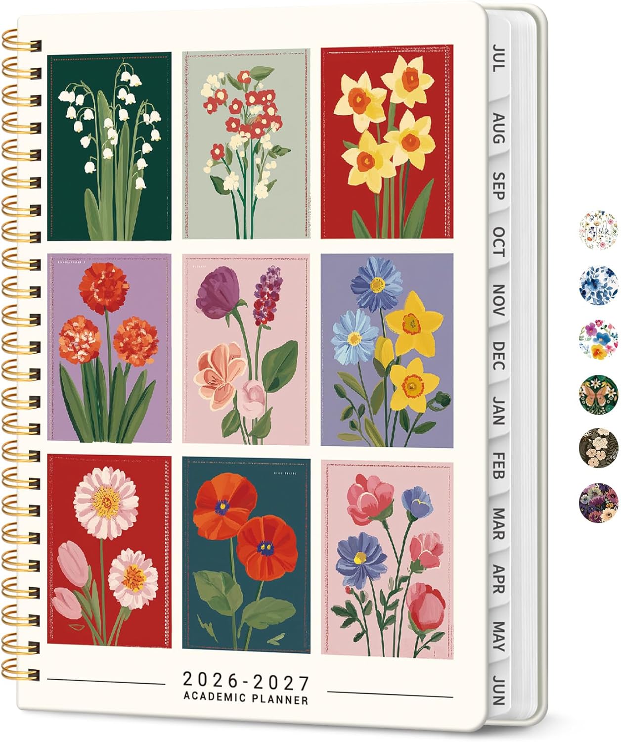 Planner 2026-2027, Academic Year Monthly and Weekly Calendar Planner, Jul 2026 - Jun 2027, Hardcover Teacher Student Planning Agenda book with Tabs, Perfect for School Office Supplies, 6.3" x 8.5" - Wildflowers