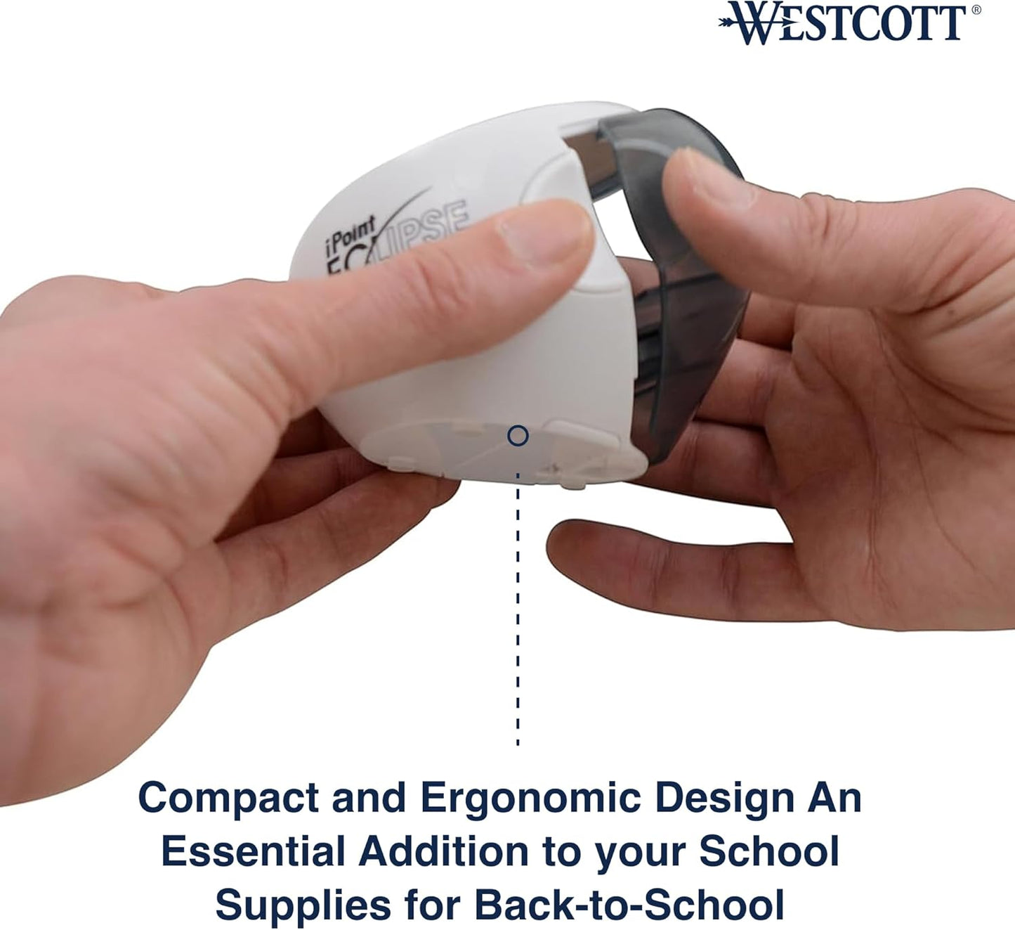 Westcott iPoint Eclipse Battery Pencil Sharpener, Unique Two-Blade Technology, EZ-View Reservoir, Requires 4 AA Batteries, White, for Home, Small Office, Classroom, Back to School, School Supplies