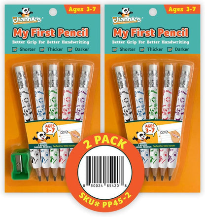 Channie's My First Pencil, Easy-to-Hold Jumbo Pencils for Preschoolers, Kindergarteners & 1st Graders, Brown Wooden 2B Fat Pencils for Kids Ages 3-7, 2 Pack (5 Each) + Sharpener