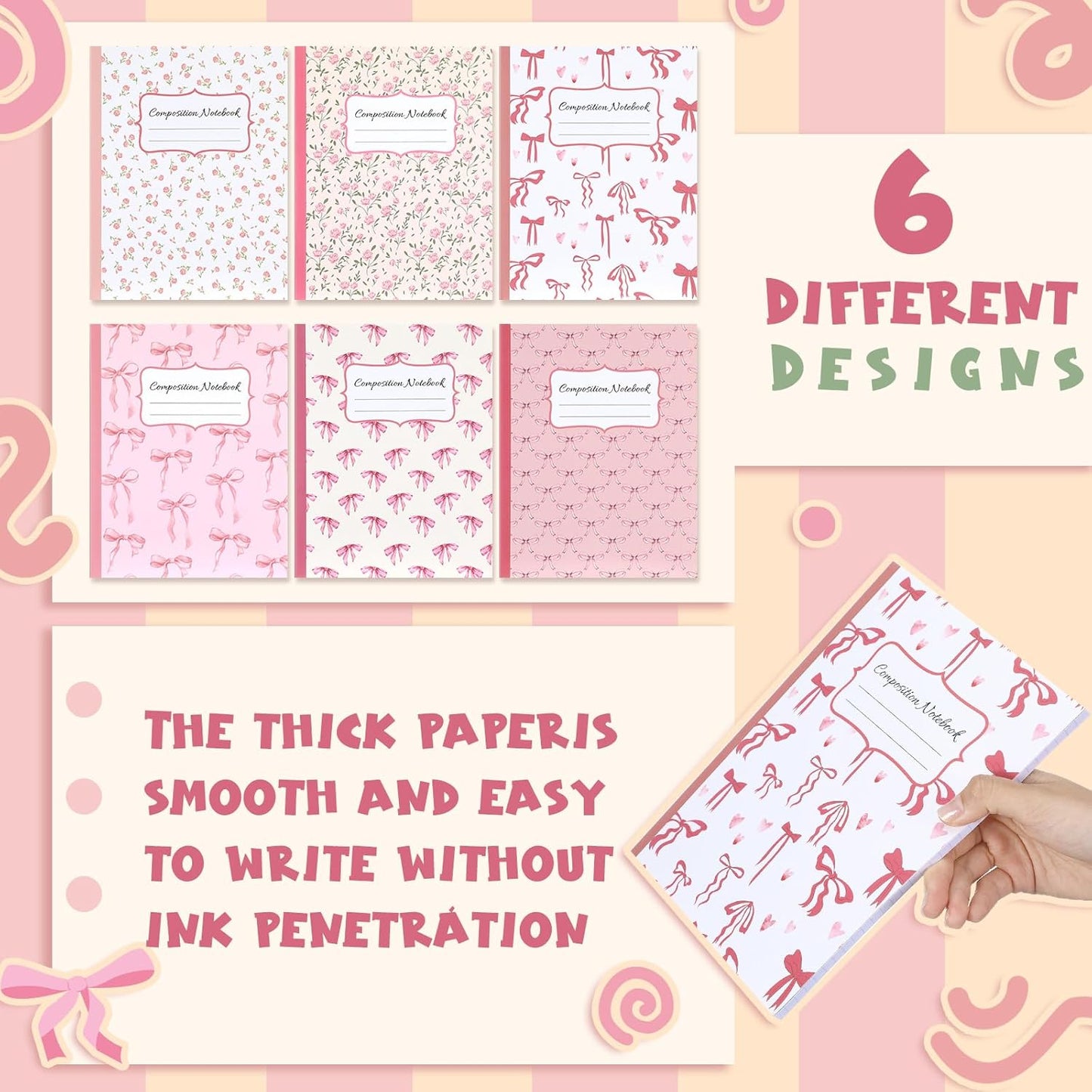 Fullhawl 6 Pcs Bow Composition Notebooks, Preppy Coquette Notebook College Ruled Journal, 110 Page, Cute Back to School Gift for Teacher, Student, First Day of Schooll(Pink,9-3/4 x 7-1/2")
