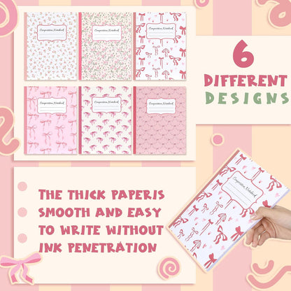 Fullhawl 6 Pcs Bow Composition Notebooks, Preppy Coquette Notebook College Ruled Journal, 110 Page, Cute Back to School Gift for Teacher, Student, First Day of Schooll(Pink,9-3/4 x 7-1/2")