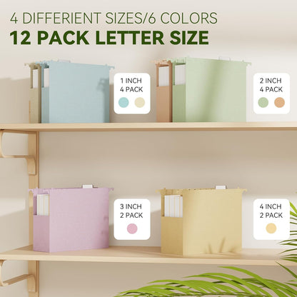 XINGIA Hanging File Folders Letter Size,1'' & 2'' & 3''Expandable File Cabinet Folders with Tabs,Extra Capacity Plastic Hanging File Organizer,12 Pack Pastel Wheat Straw Hang Folder for Office School