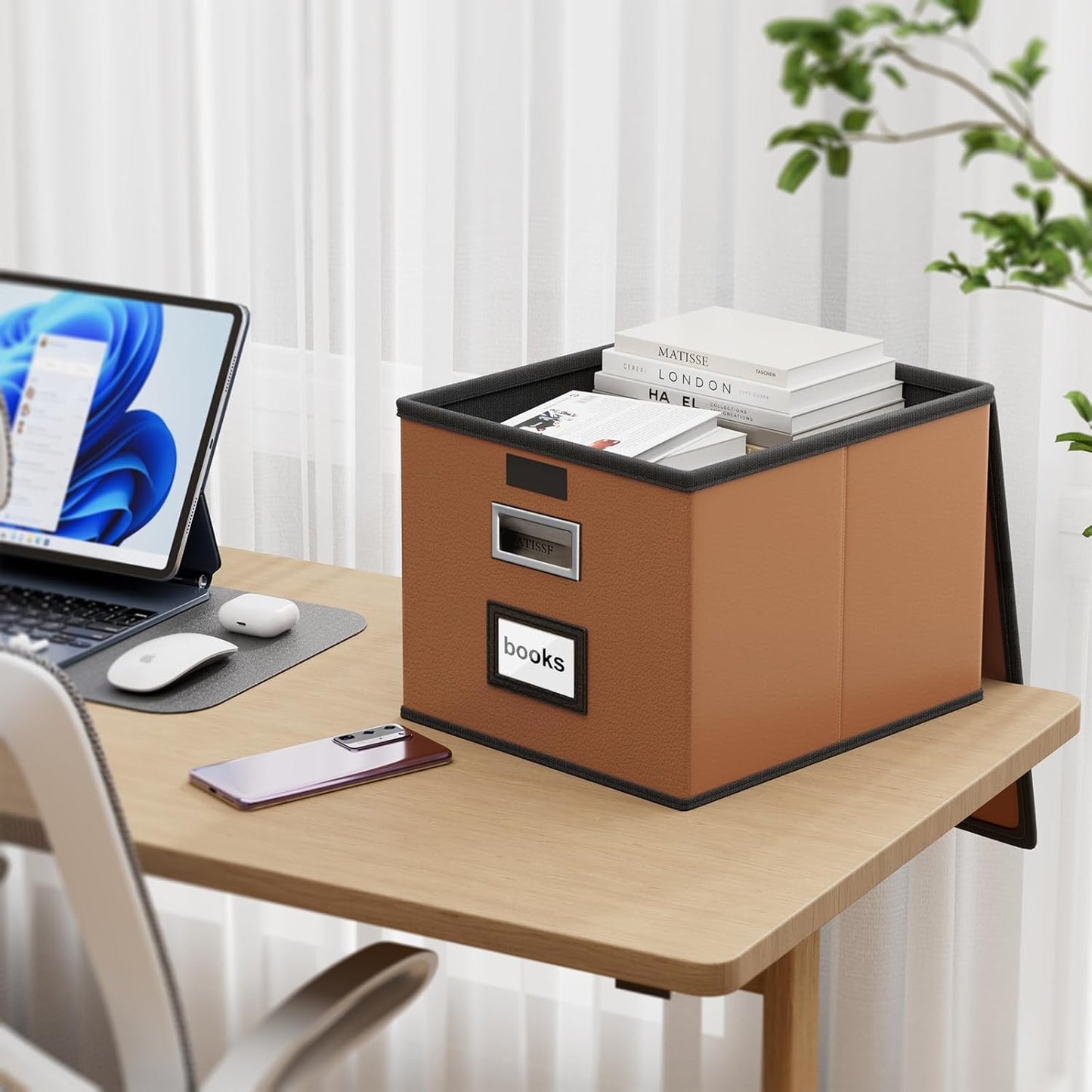 Huolewa Upgraded Portable File Organizer Box with Lid, Collapsible Linen Hanging Filing Storage Boxes with Plastic Slides, Decorative Home/Office Filing System Box for File and Folders Storage (Gray)