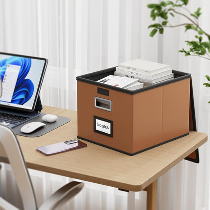 Huolewa Upgraded Portable File Organizer Box with Lid, Collapsible Linen Hanging Filing Storage Boxes with Plastic Slides, Decorative Home/Office Filing System Box for File and Folders Storage (Gray)