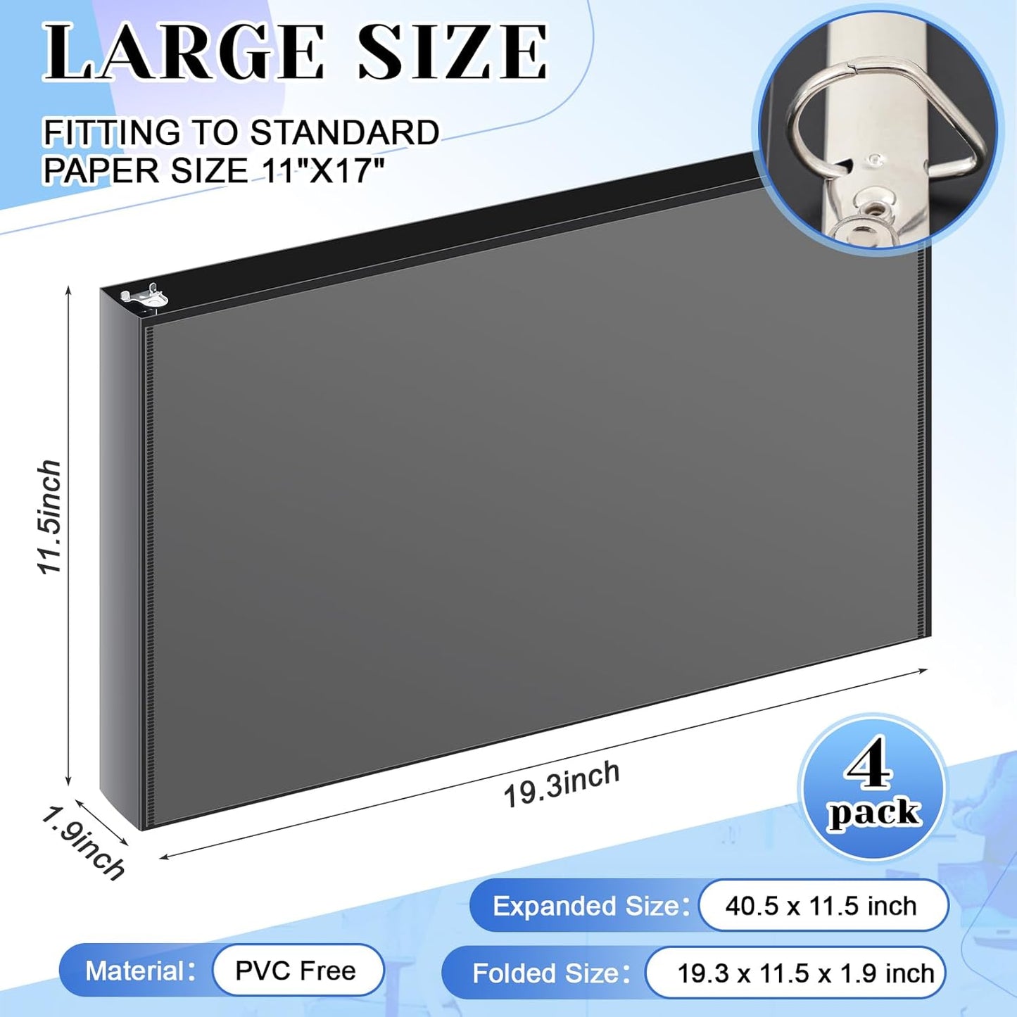 8 Pcs 11 x 17 Inches View Binders 1 Inch 3 Rings Heavy Duty View D Ring Binders Economy Holds 11" x 17" Paper for Artwork Blueprints, Office, Home, Work Places (Black)